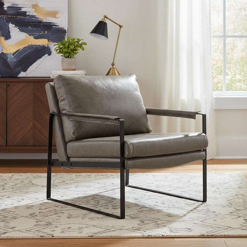 27" Dark Gray Faux Leather And Black Arm Chair