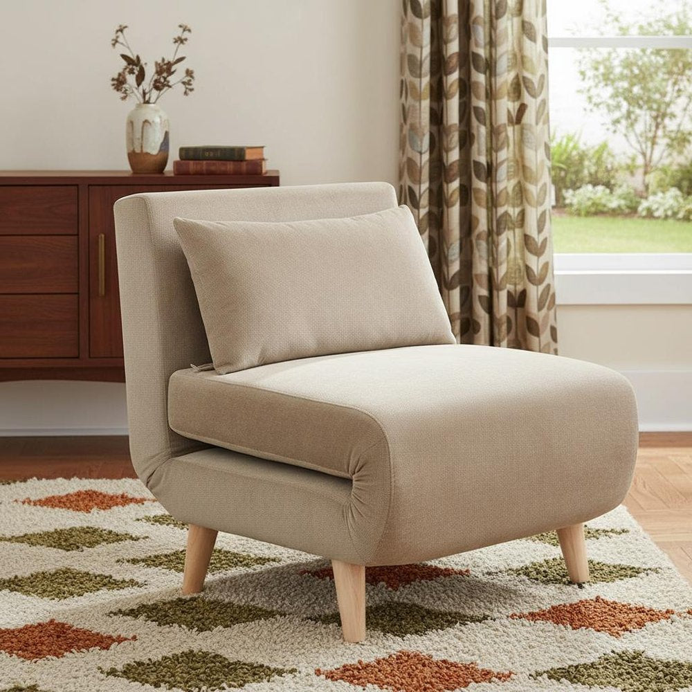 27" Beige and Natural Upholstered Slipper Chair And Toss Pillow