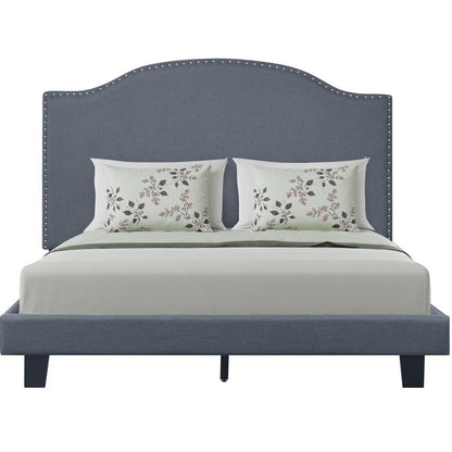 Gray Upholstered Queen Bed Frame with Nailhead Trim