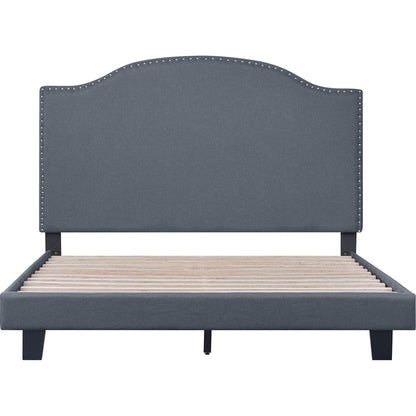Gray Upholstered Queen Bed Frame with Nailhead Trim