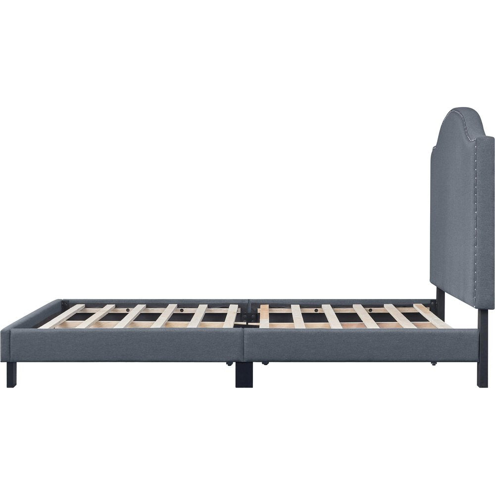 Gray Upholstered Queen Bed Frame with Nailhead Trim