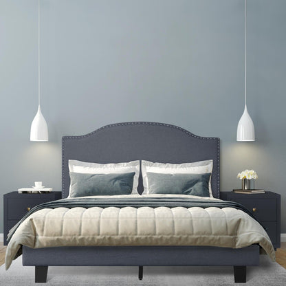 Gray Upholstered Queen Bed Frame with Nailhead Trim