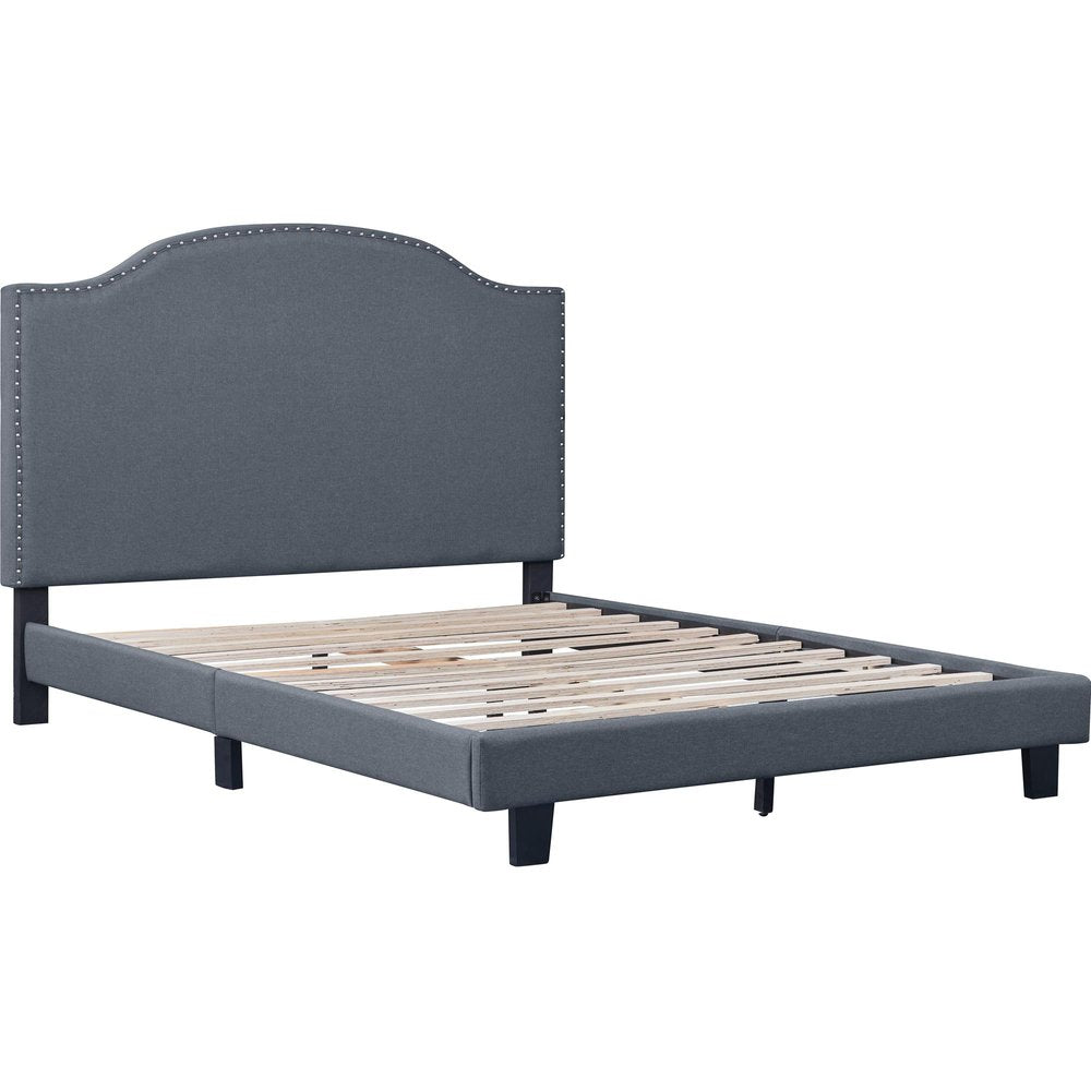 Gray Upholstered Queen Bed Frame with Nailhead Trim