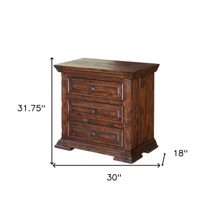 32" Brown Solid Wood Three Drawer Nightstand