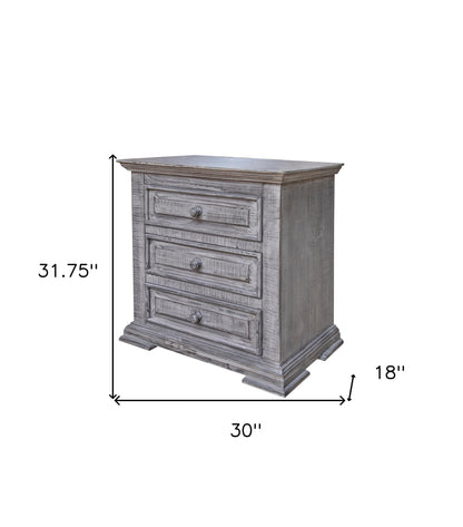 32" Gray Solid Wood Three Drawer Nightstand