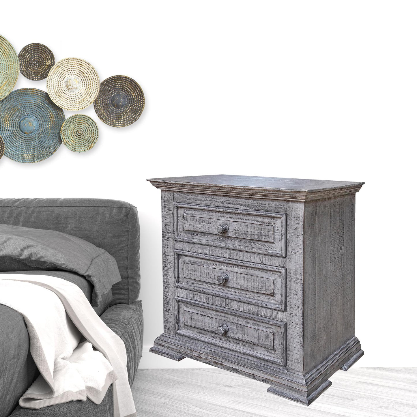 32" Gray Solid Wood Three Drawer Nightstand