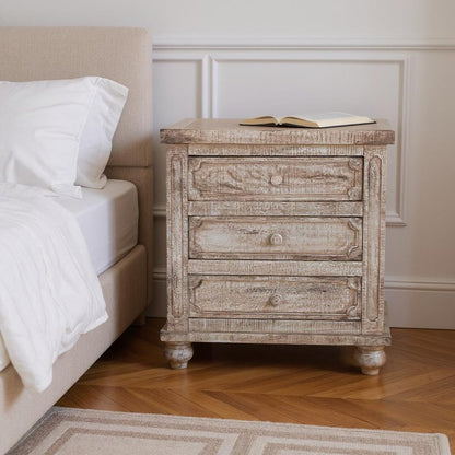 31" Brown Solid Wood Three Drawer Nightstand