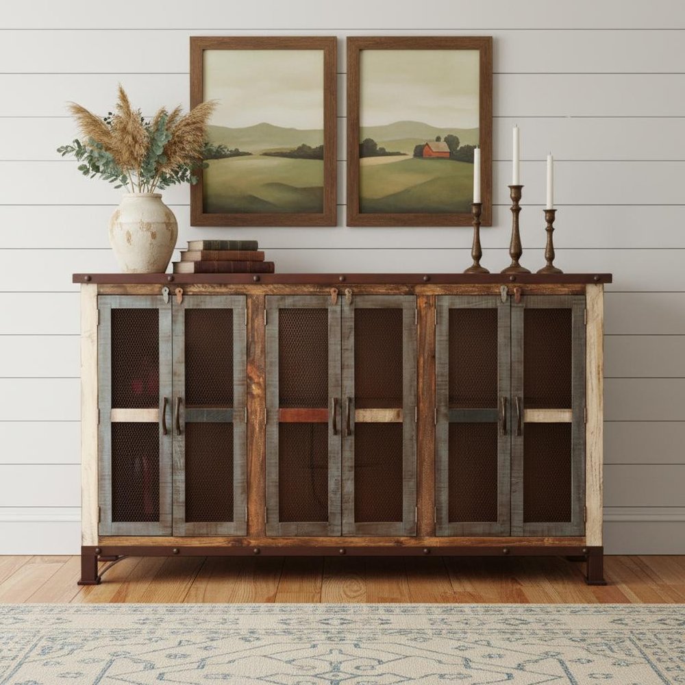 71" Brown Solid and Manufactured Wood Distressed Credenza