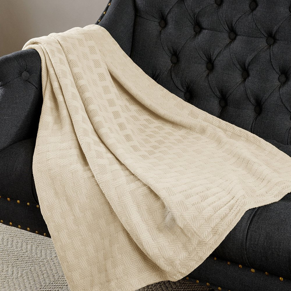 50" X 60" Ivory Cotton Basketweave Geometric Throw Blanket
