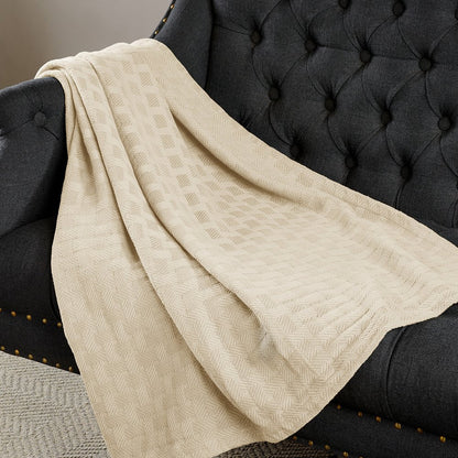 50" X 60" Ivory Cotton Basketweave Geometric Throw Blanket