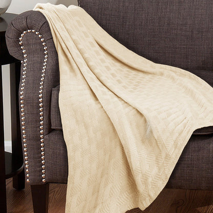 50" X 60" Ivory Cotton Basketweave Geometric Throw Blanket