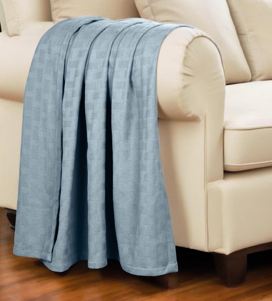 50" X 60" Light Blue Cotton Basketweave Geometric Throw Blanket
