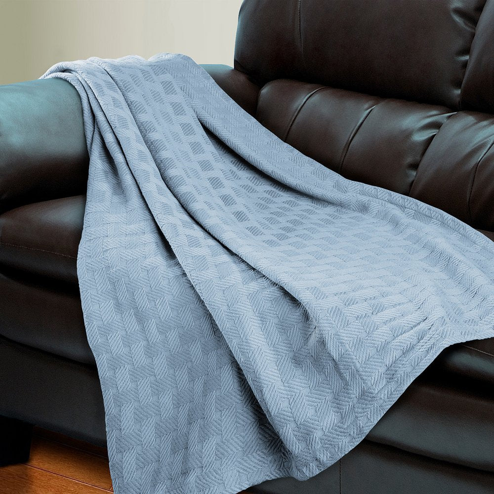 50" X 60" Light Blue Cotton Basketweave Geometric Throw Blanket