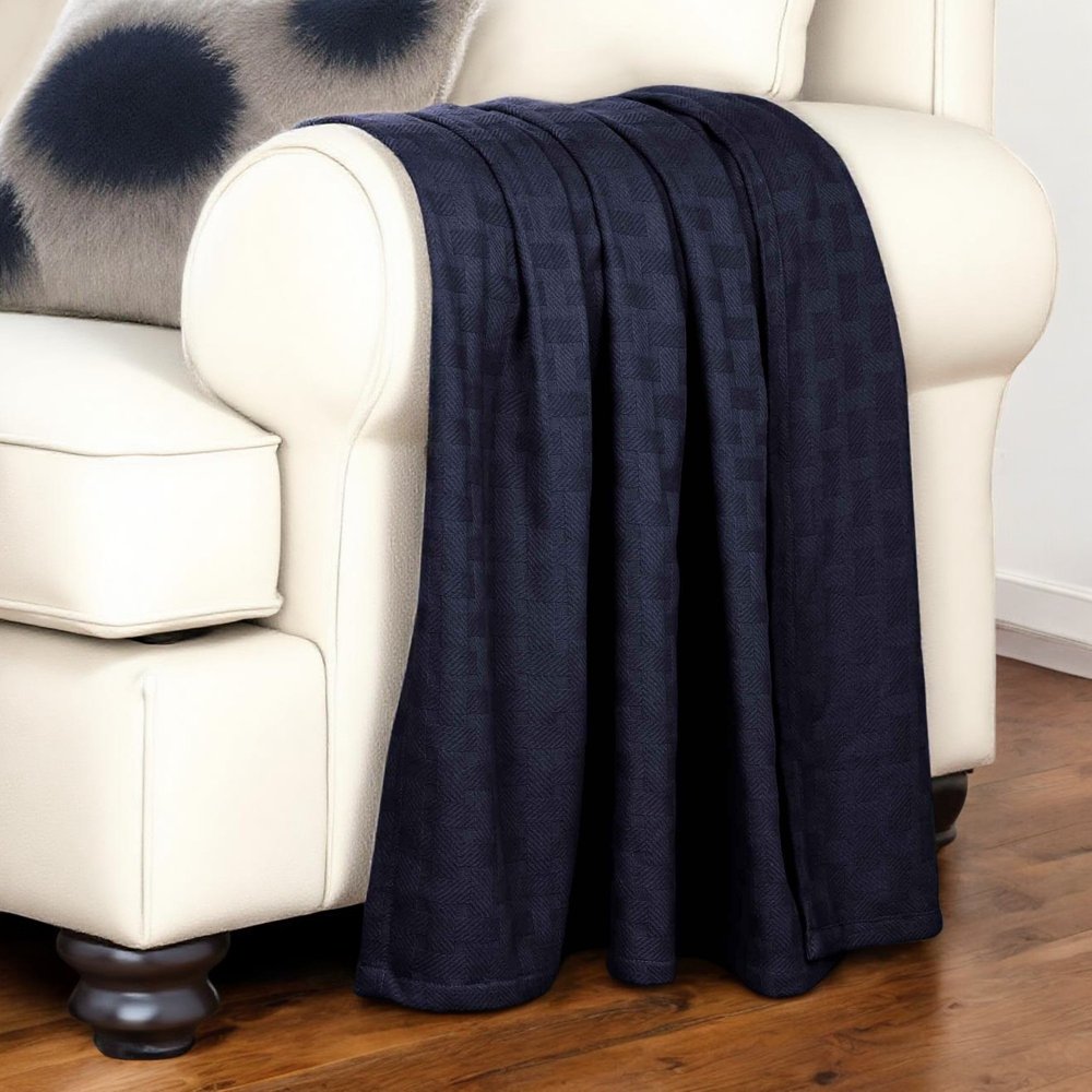50" X 60" Navy Blue Cotton Basketweave Geometric Throw Blanket