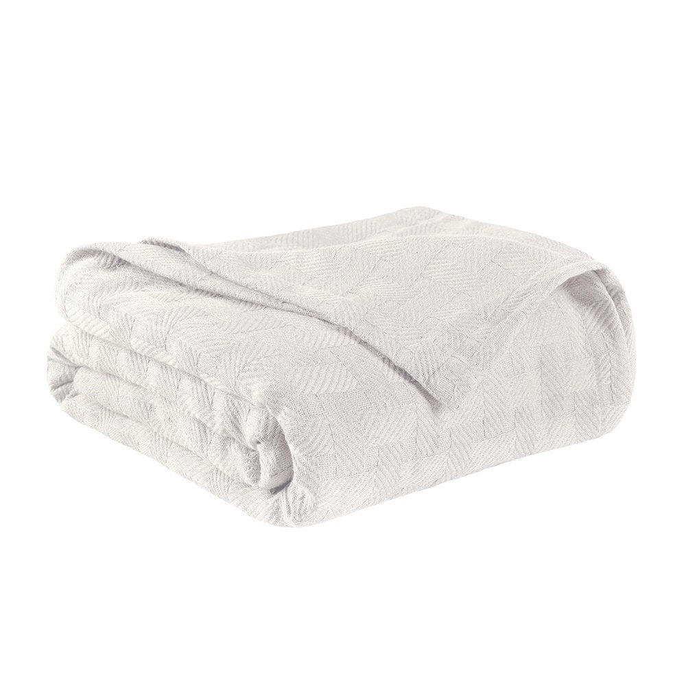 50" X 60" White Cotton Basketweave Geometric Throw Blanket
