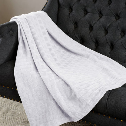 50" X 60" White Cotton Basketweave Geometric Throw Blanket