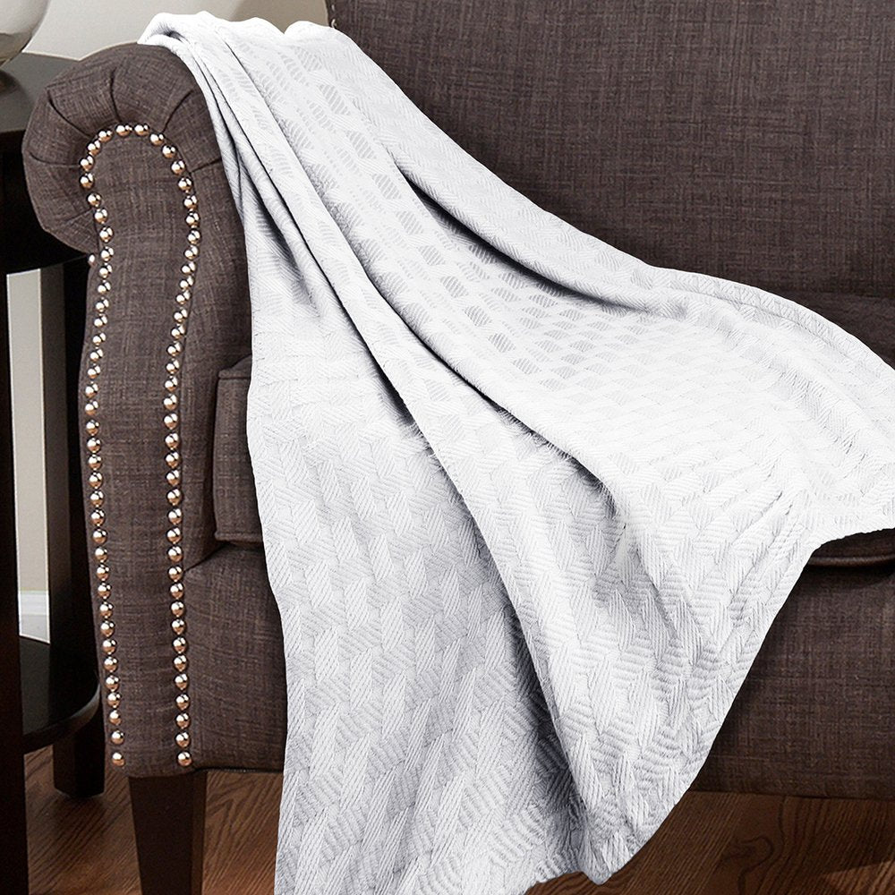 50" X 60" White Cotton Basketweave Geometric Throw Blanket