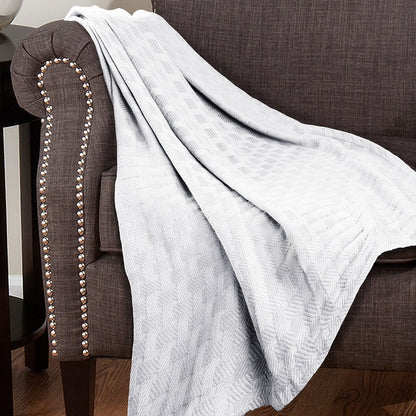 50" X 60" White Cotton Basketweave Geometric Throw Blanket