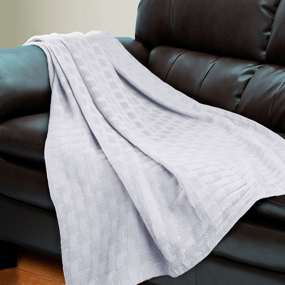 50" X 60" White Cotton Basketweave Geometric Throw Blanket
