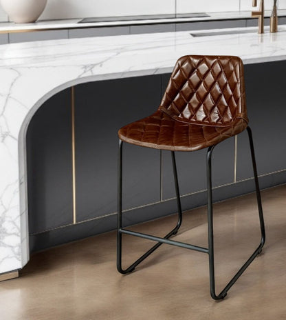 27" Brown and Black Leather and Iron Counter Height Bar Chair