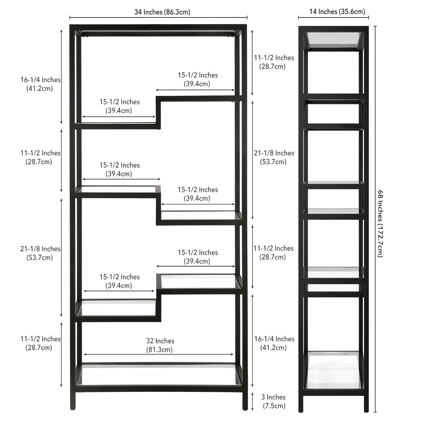 Black Metal and Glass Seven Tier Etagere Bookcase