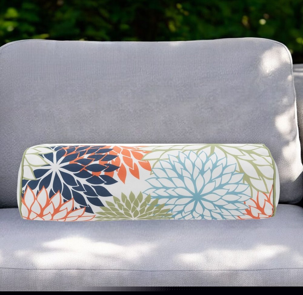 6" X 20" Orange Green and Blue Bolster Floral Indoor Outdoor Throw Pillow