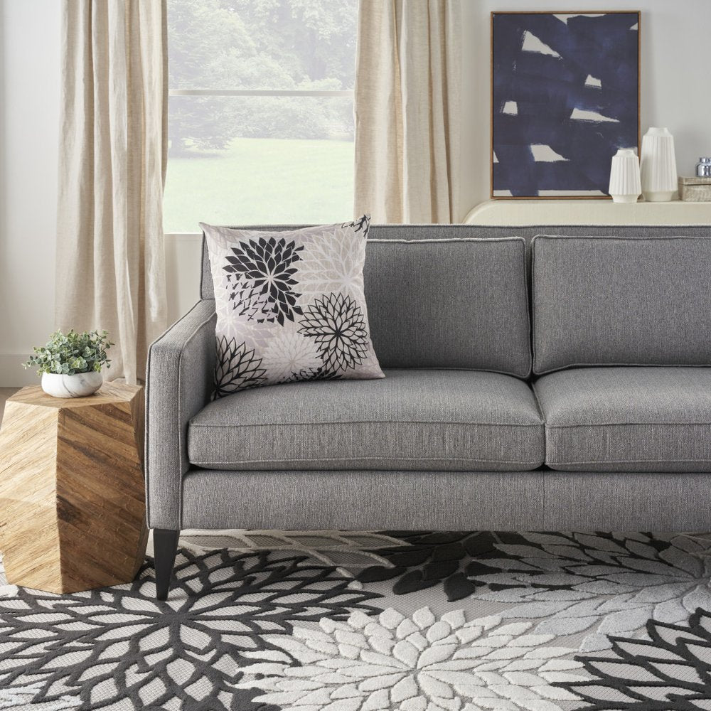 20" Black Gray and White Handmade Floral Indoor Outdoor Throw Pillow