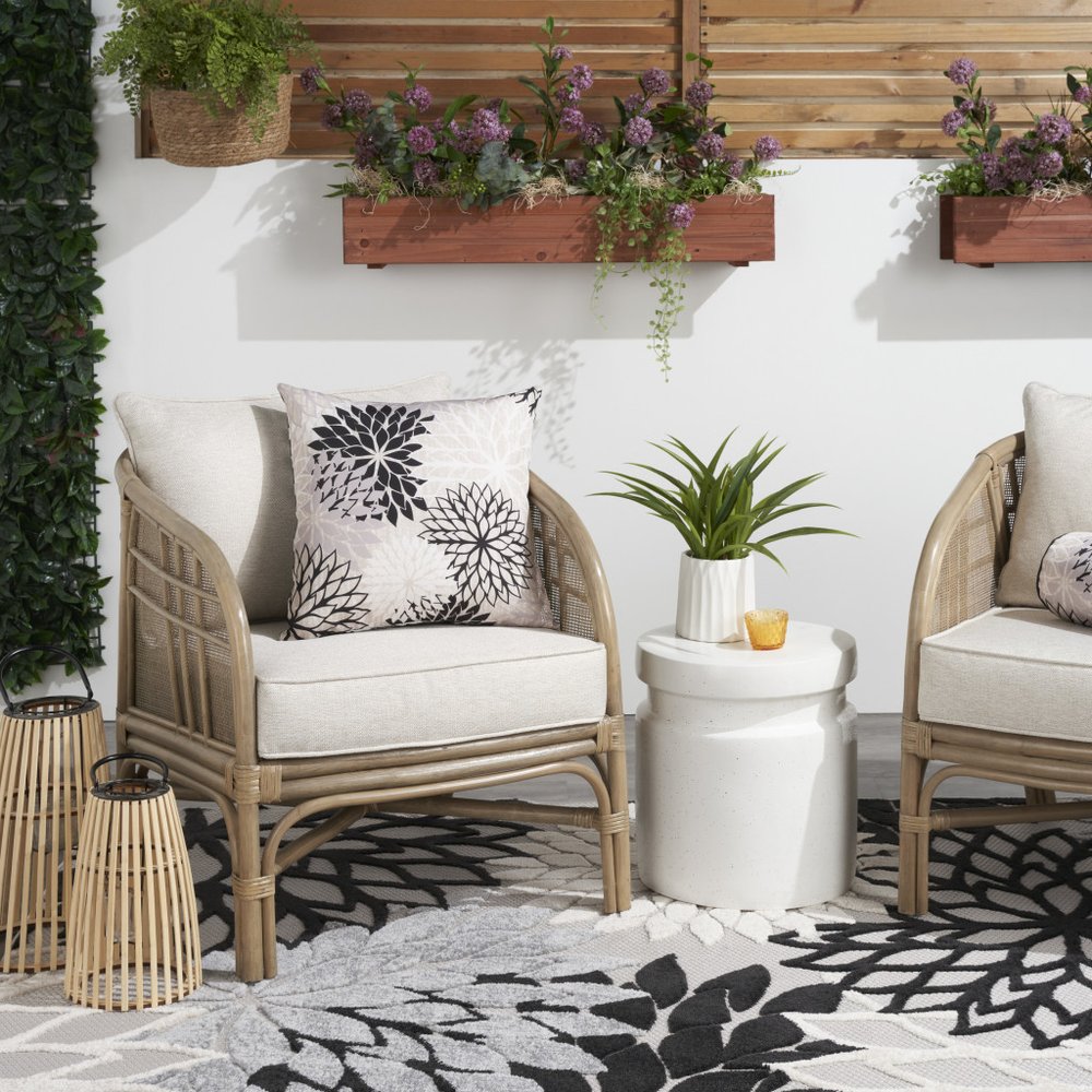 20" Black Gray and White Handmade Floral Indoor Outdoor Throw Pillow