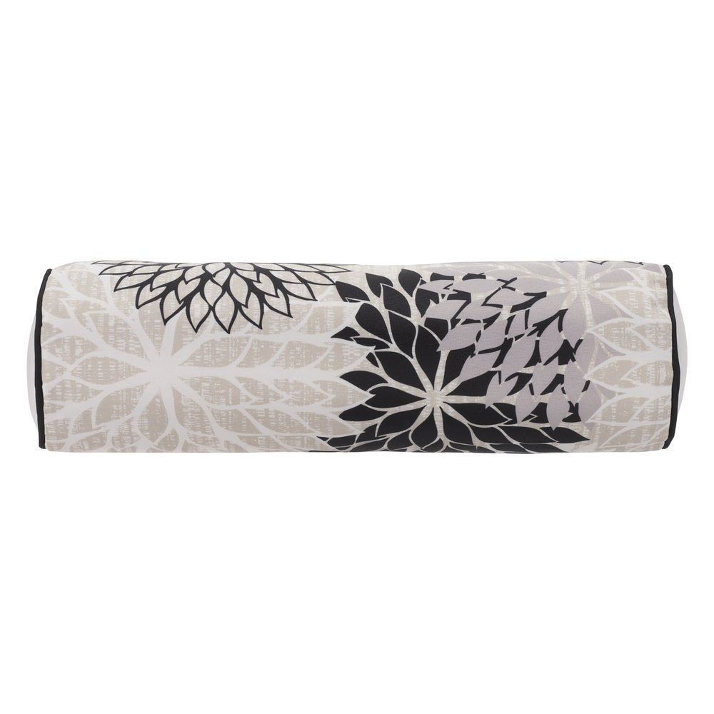 6" X 20" Black Gray and White Bolster Floral Indoor Outdoor Throw Pillow