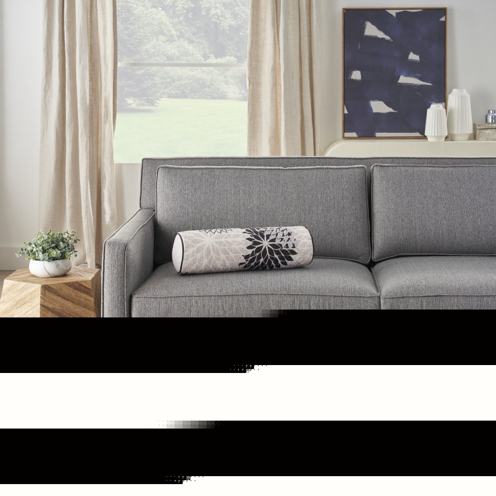 6" X 20" Black Gray and White Bolster Floral Indoor Outdoor Throw Pillow