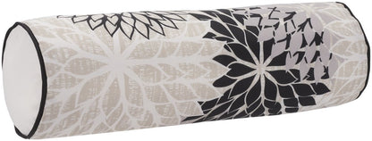 6" X 20" Black Gray and White Bolster Floral Indoor Outdoor Throw Pillow