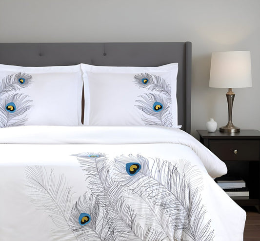 Blue And White King Cotton Washable Duvet Cover Set With Two Shams
