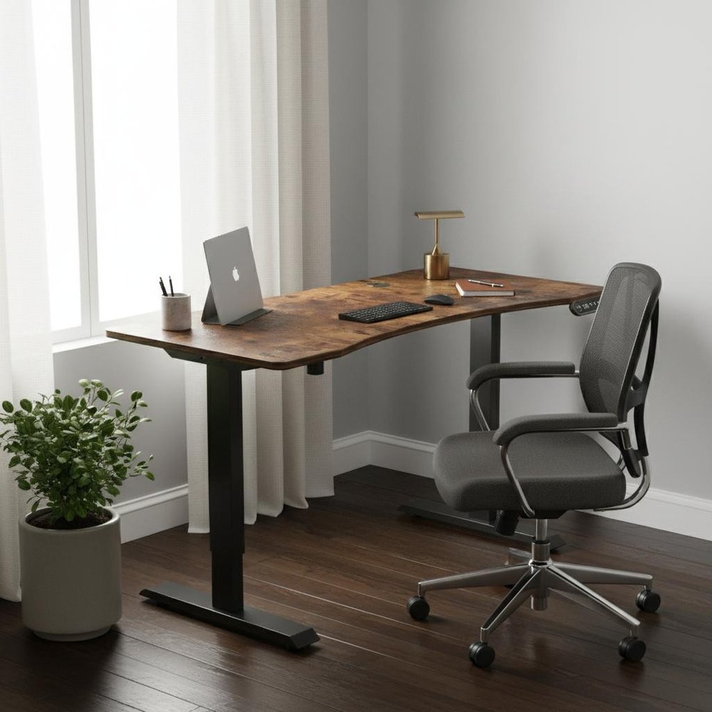 55" Adjustable Brown and Black and Black Computer Desk
