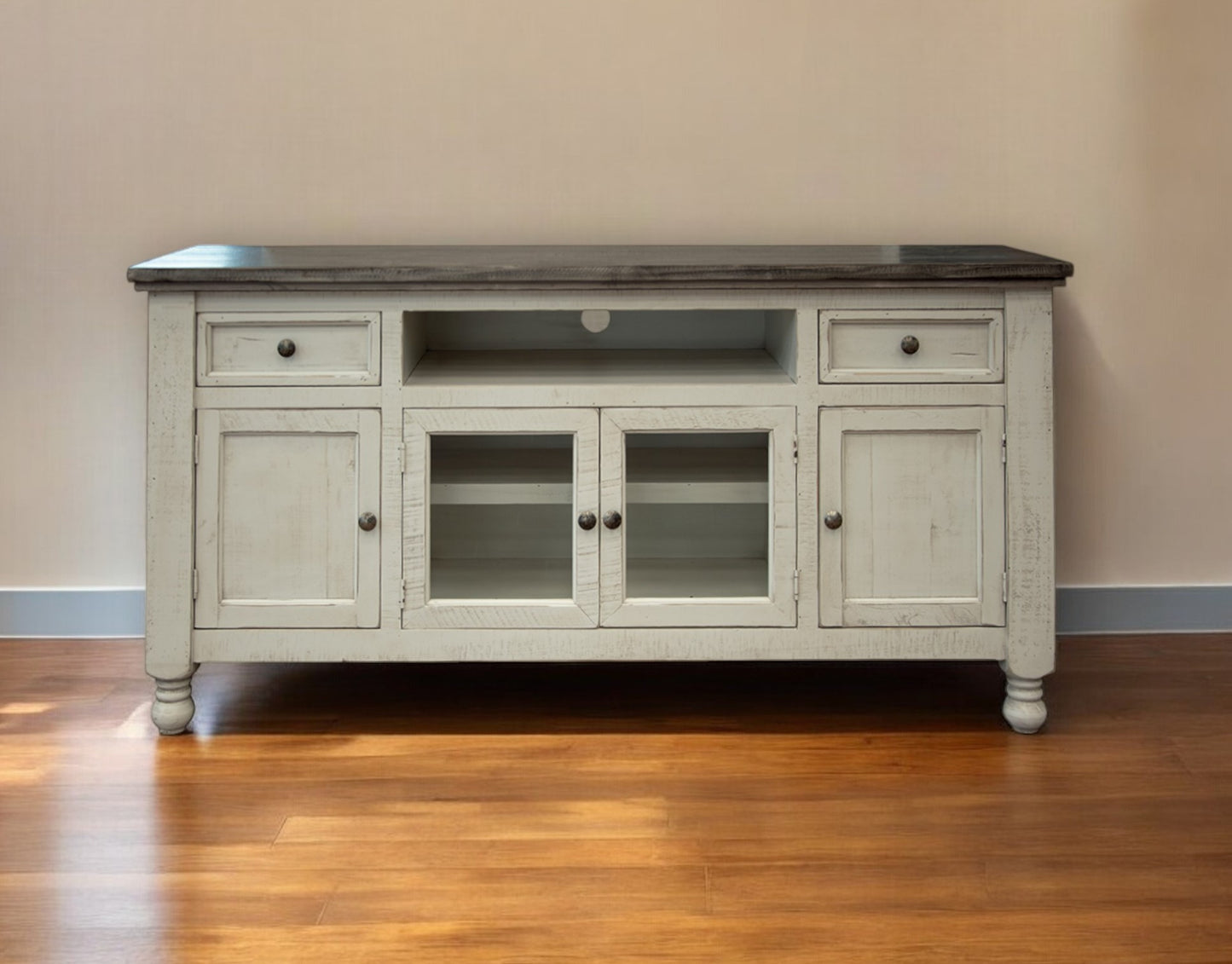 70" Ivory Solid Wood Enclosed Storage Distressed TV Stand