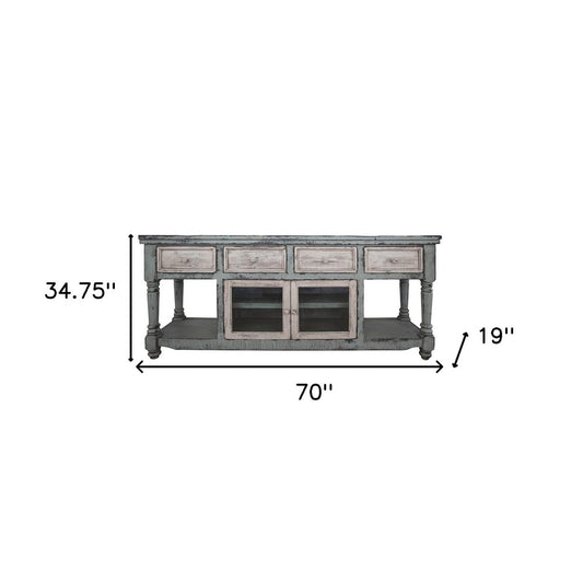 70" Blue and White Solid Wood Open shelving Distressed TV Stand