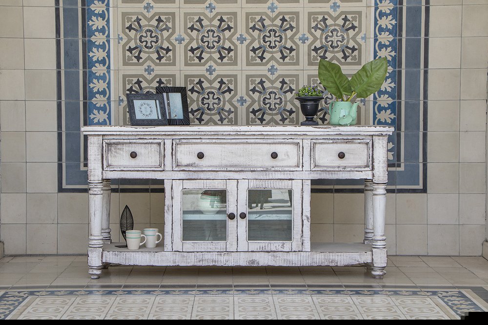 70" White Solid Wood Open shelving Distressed TV Stand