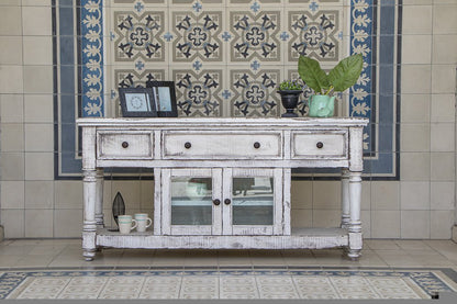 70" White Solid Wood Open shelving Distressed TV Stand