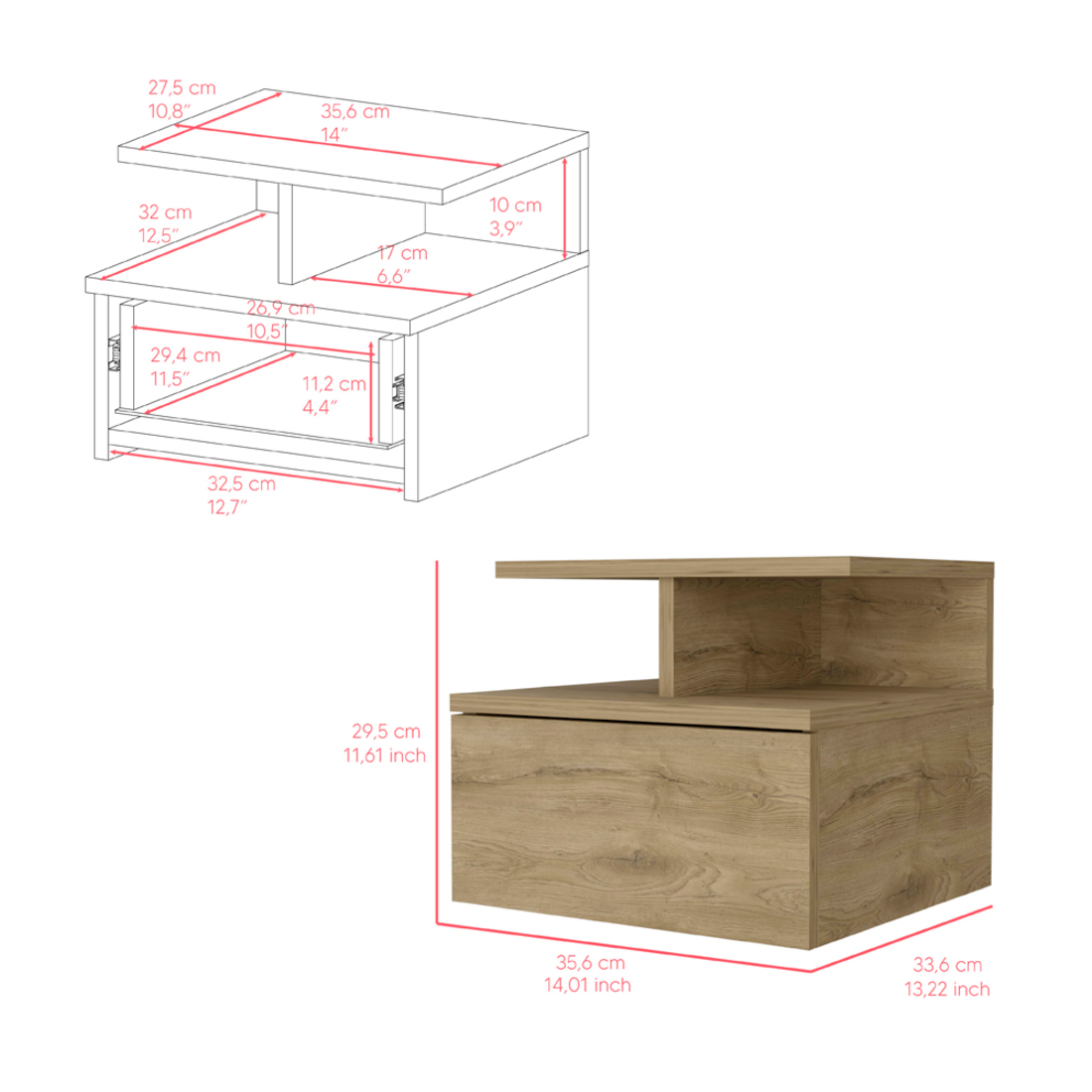 12" Beige Wood One Drawer Nightstand