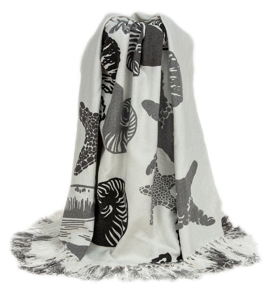 52" X 67" Ivory and Gray Woven Cotton Coastal Seashell Throw Blanket with Fringe