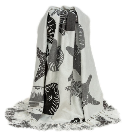 52" X 67" Ivory and Gray Woven Cotton Coastal Seashell Throw Blanket with Fringe