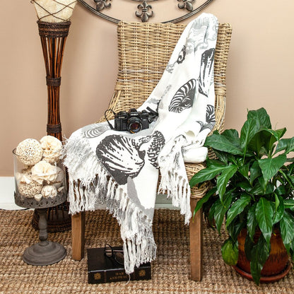 52" X 67" Ivory and Gray Woven Cotton Coastal Seashell Throw Blanket with Fringe