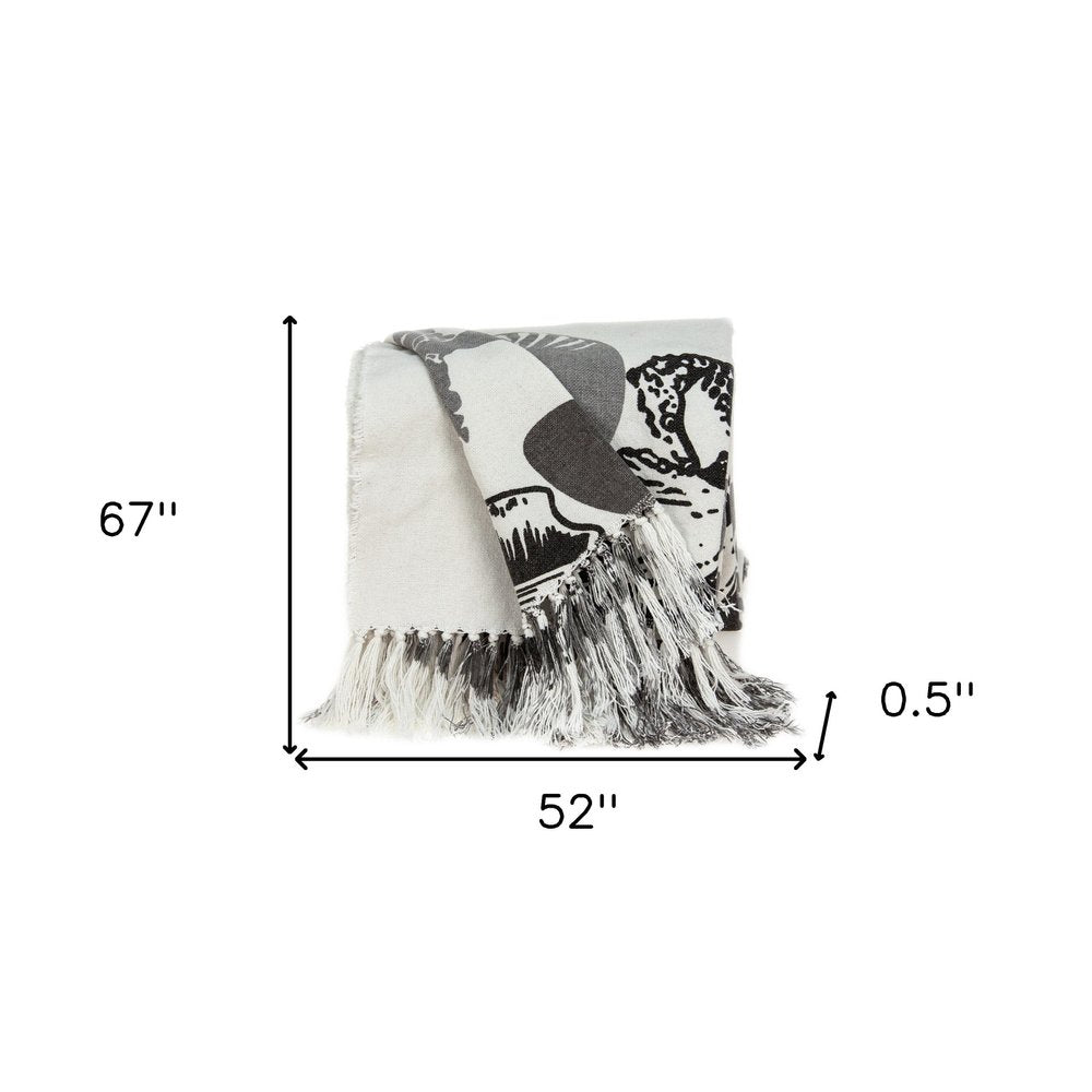 52" X 67" Ivory and Gray Woven Cotton Coastal Seashell Throw Blanket with Fringe