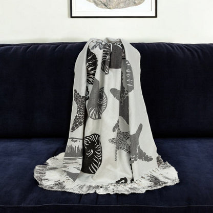 52" X 67" Ivory and Gray Woven Cotton Coastal Seashell Throw Blanket with Fringe