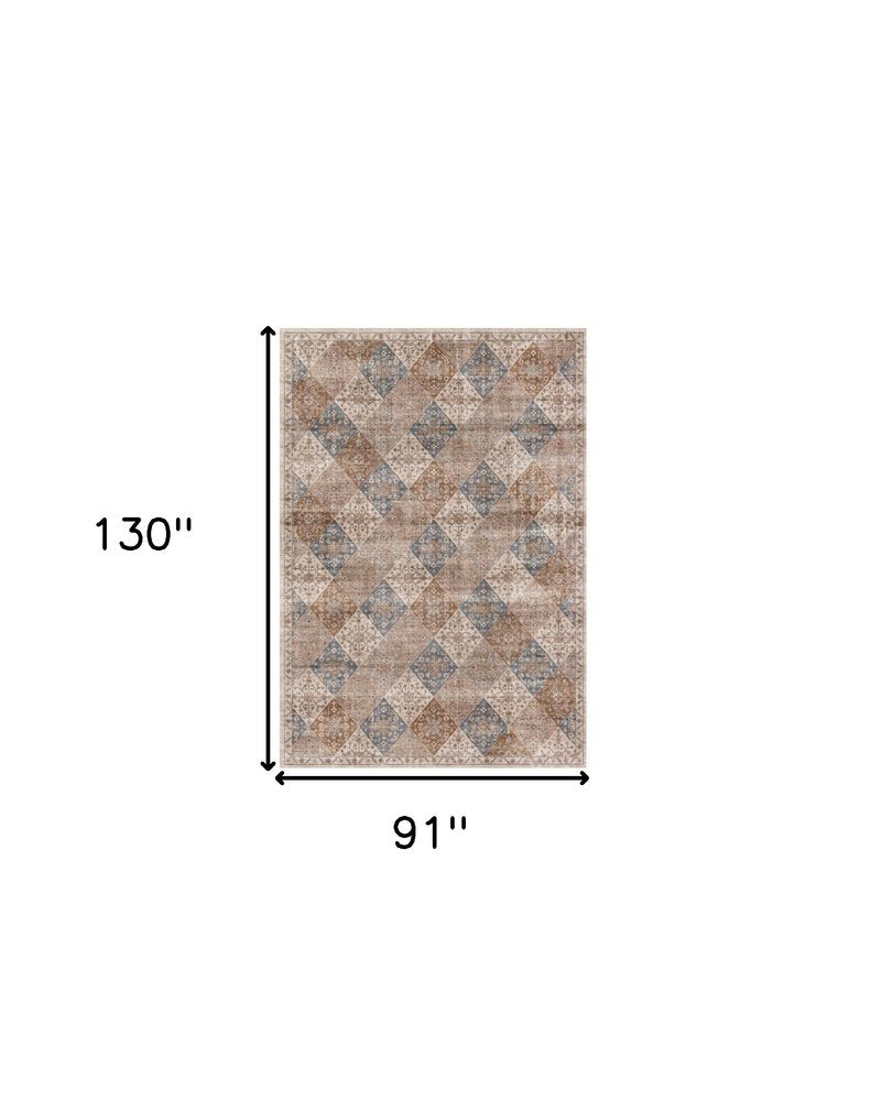 8' X 11' Brown and Blue Floral Distressed Area Rug