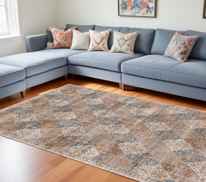 8' X 11' Brown and Blue Floral Distressed Area Rug