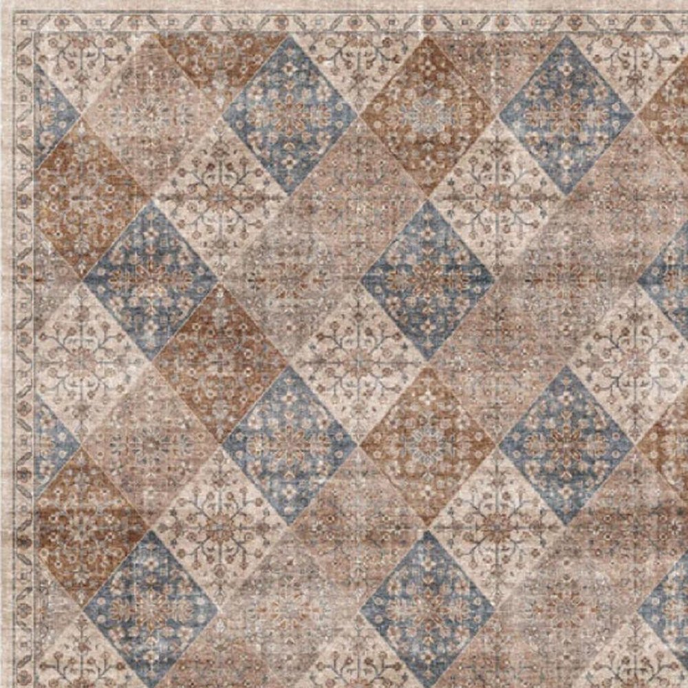 8' X 11' Brown and Blue Floral Distressed Area Rug