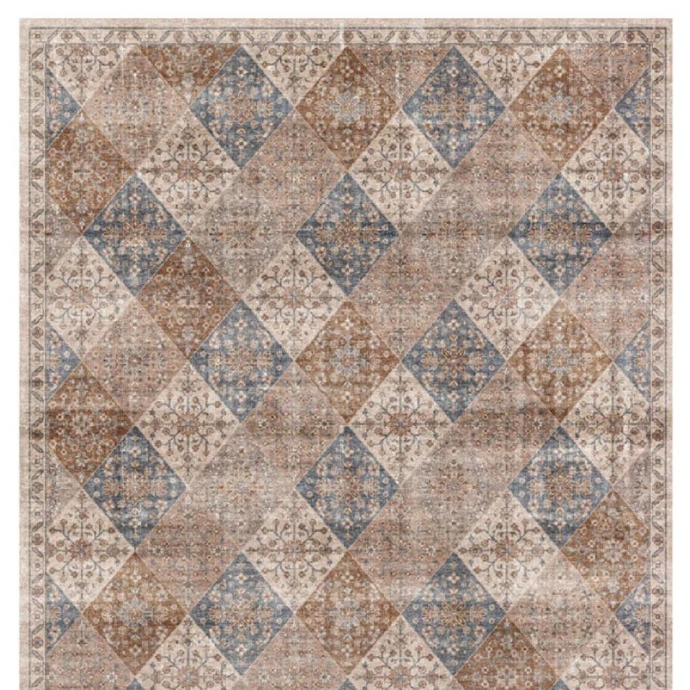 8' X 11' Brown and Blue Floral Distressed Area Rug
