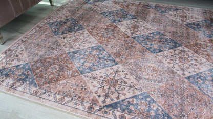 8' X 11' Brown and Blue Floral Distressed Area Rug