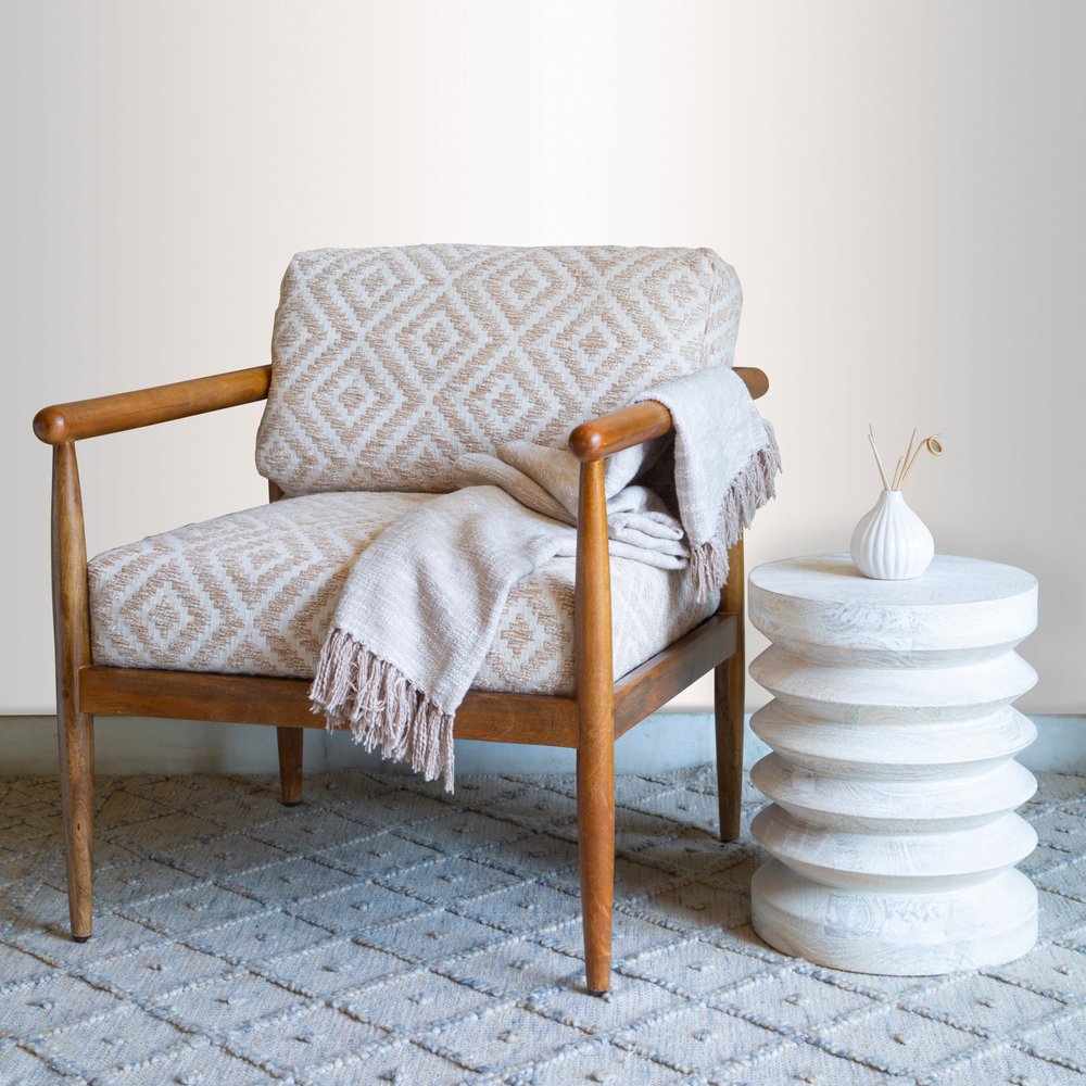 28" Beige and Brown Solid Wood Geometric Arm Chair