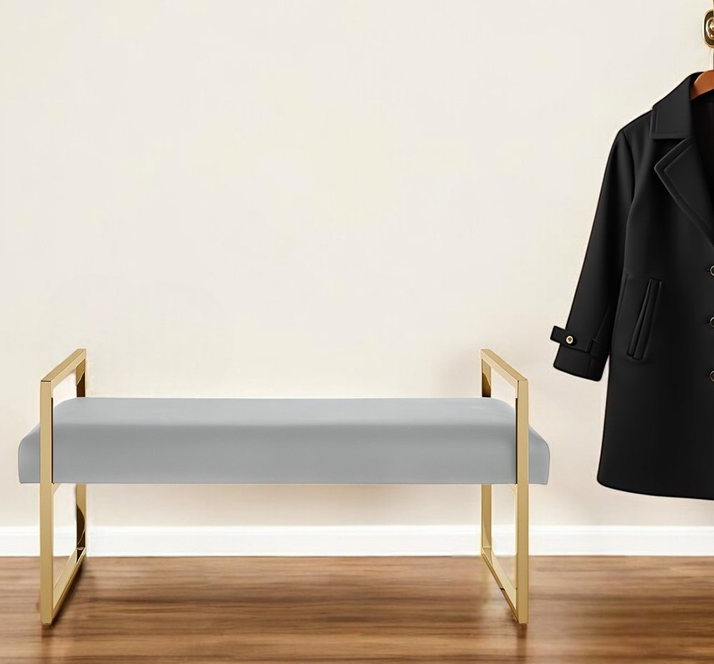 48" Hunter Green and Gold Upholstered Velvet Bench